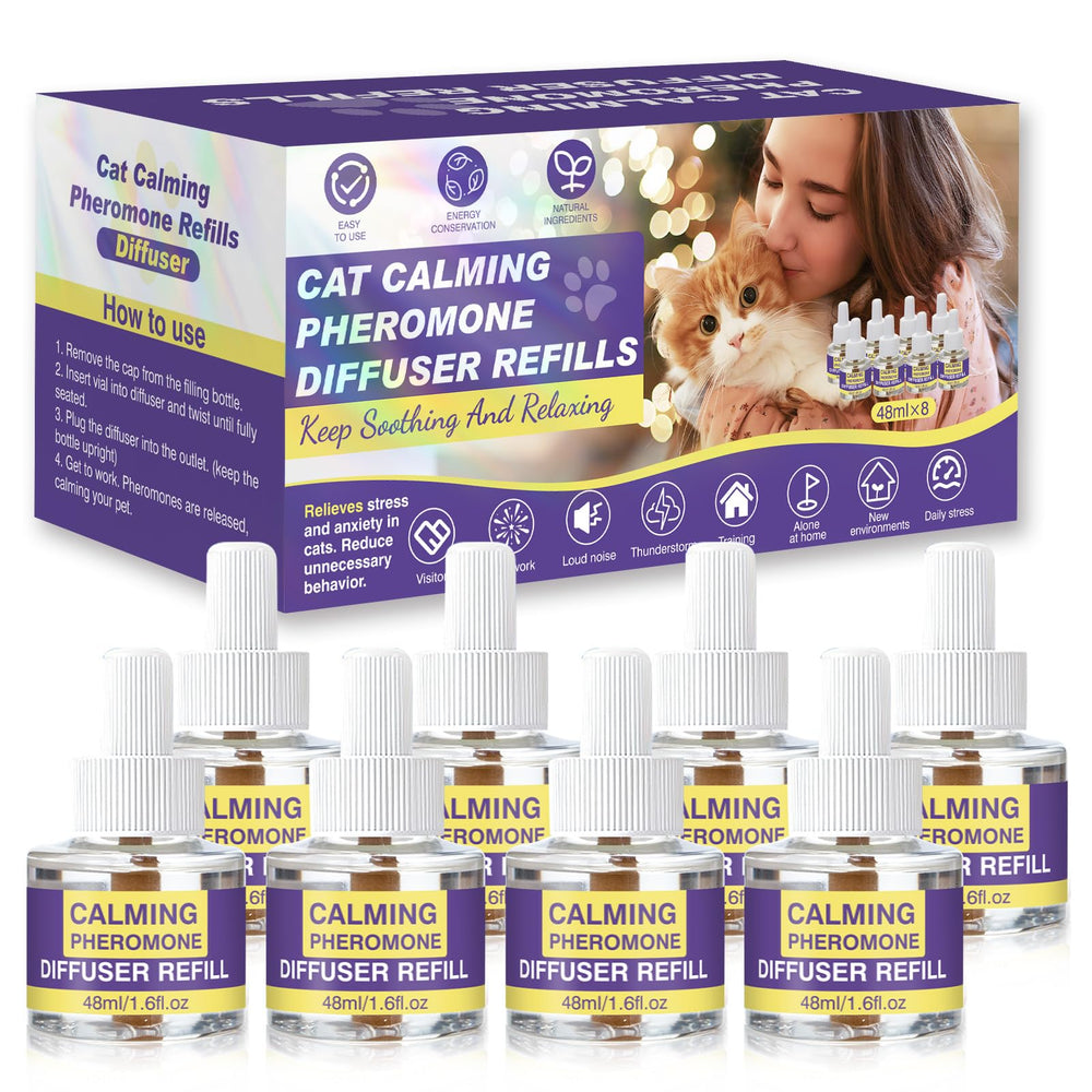 RUAKPL cat calming diffuser refill eight-pack front view with 48 ml bottles for lasting calm