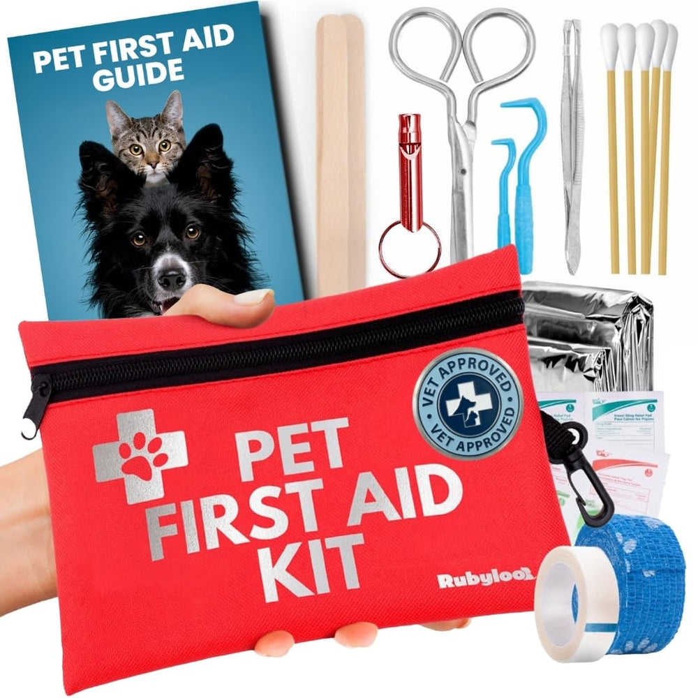 Rubyloo dog first aid kit open showing quick field care essentials.