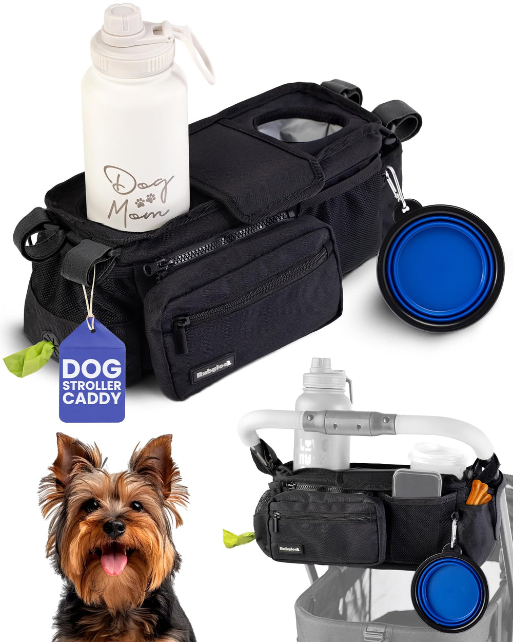 rubyloo dog stroller caddy with poop bag dispenser keeps walks organized and hands free.