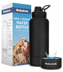 Rubyloo 32oz dog water bottle with double-wall insulation for long hikes.