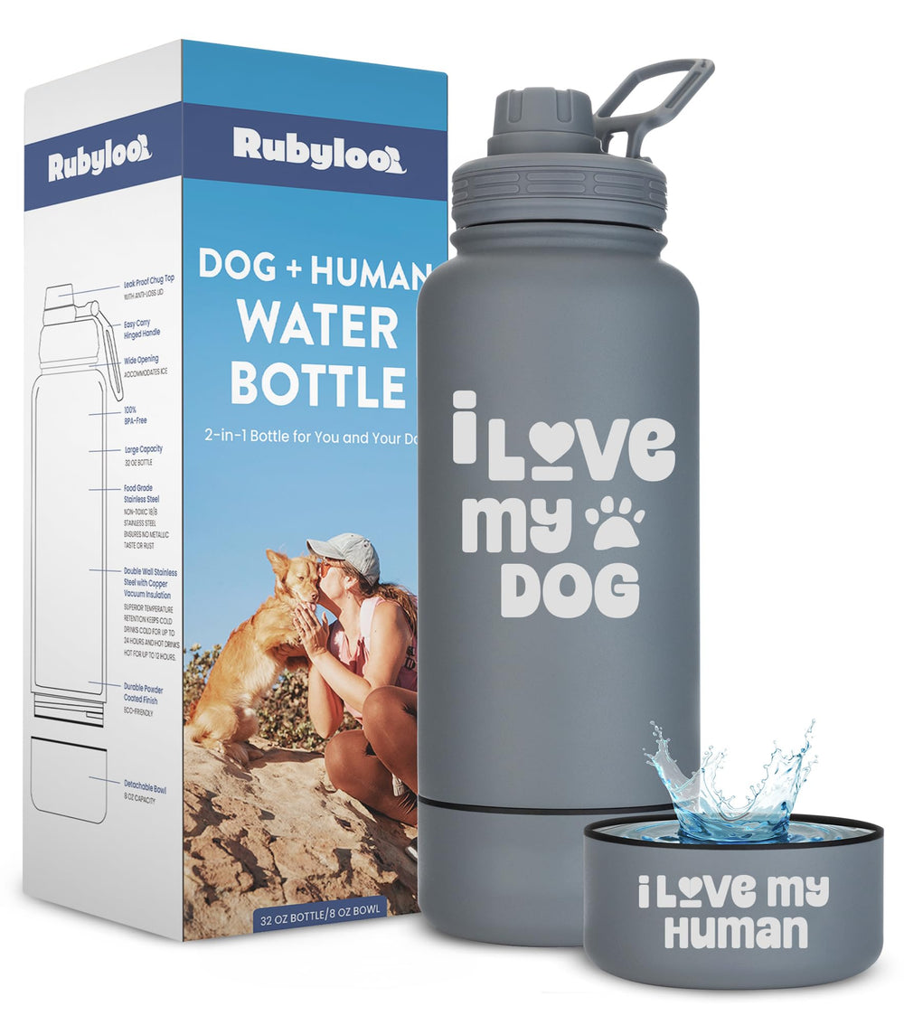 Rubyloo dog water bottle 32 oz side view, ideal for hiking with your dog