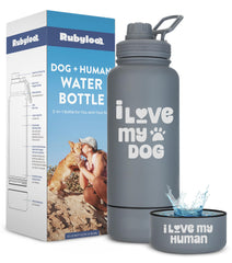 Rubyloo dog water bottle 32 oz side view, ideal for hiking with your dog