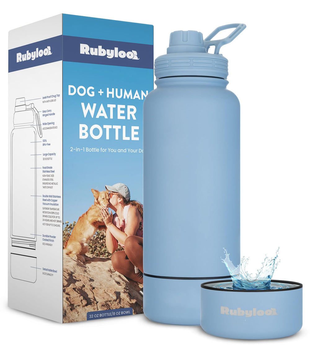 RubyLoo dog water bottle 32oz with leak-proof chug lid for spill-free outings.