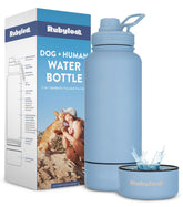 RubyLoo dog water bottle 32oz with leak-proof chug lid for spill-free outings.
