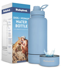 RubyLoo dog water bottle 32oz with leak-proof chug lid for spill-free outings.
