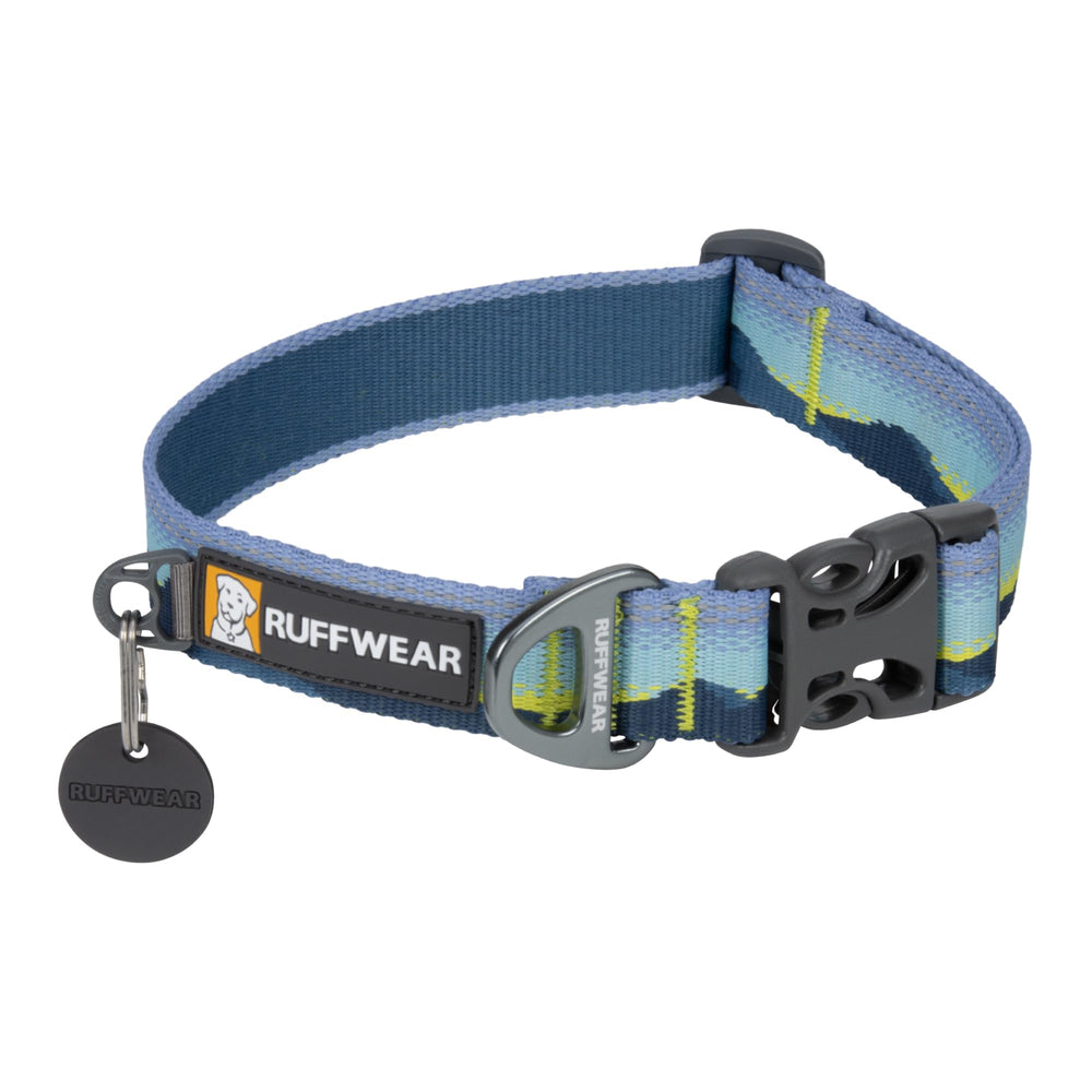 Ruffwear Crag Collar in Alpine Dawn on a dog during a trail hike, stylish and durable.