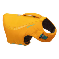 Ruffwear Float Coat Wave Orange Small front view shows secure fit for confident swimming.