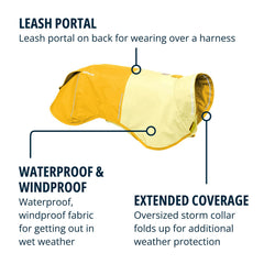 Ruffwear Sun Shower raincoat back leash portal enables harness-friendly wear.