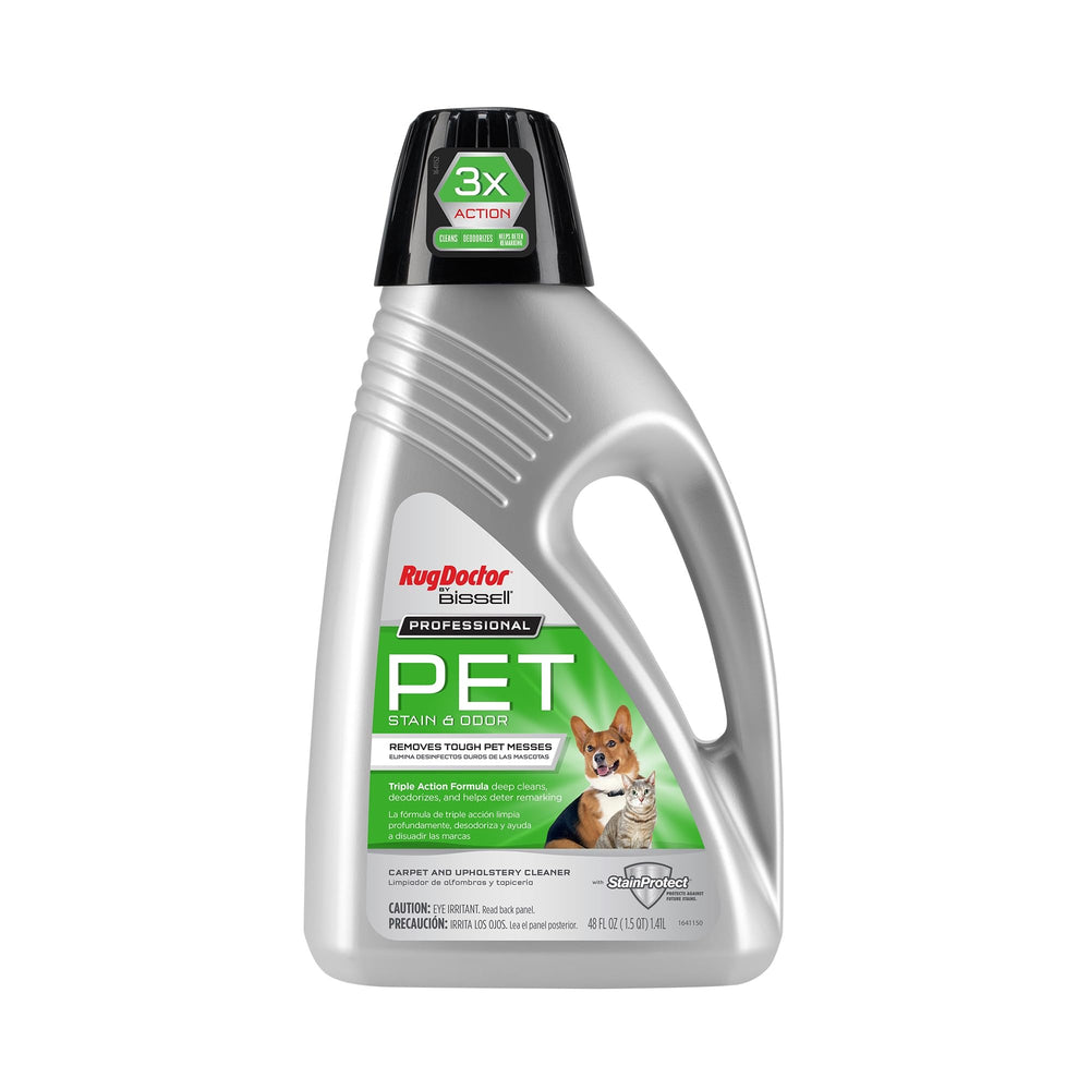 Rug Doctor BISSELL Professional 48oz bottle pour demonstrates triple-action stain and odor cleaning.