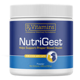 Rx Vitamins NutriGest dog probiotics powder container shown for digestive support