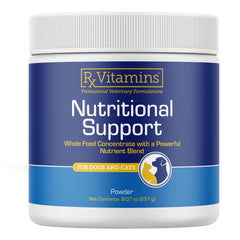 Rx Vitamins Nutritional Support dog bottle demonstrates easy daily skin and coat support.