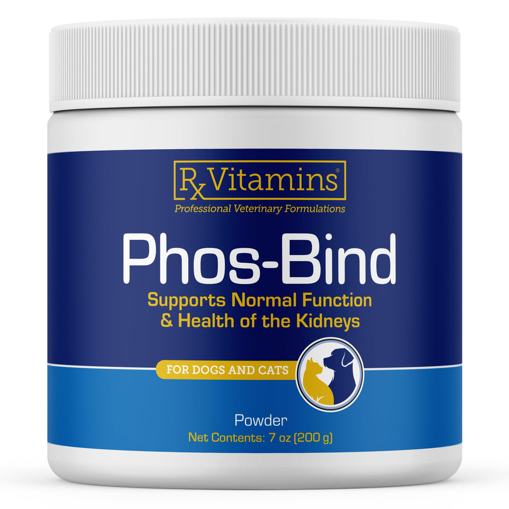 Rx Vitamins Phos-Bind powder jar label showing veterinarian-formulated kidney care for pets.