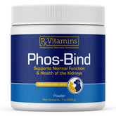 Rx Vitamins Phos-Bind powder jar label showing veterinarian-formulated kidney care for pets.