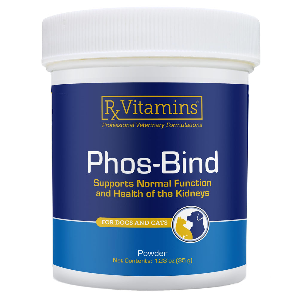 Rx Vitamins Phos-Bind powder texture shows a fine, easy-to-mix formula for pet meals.
