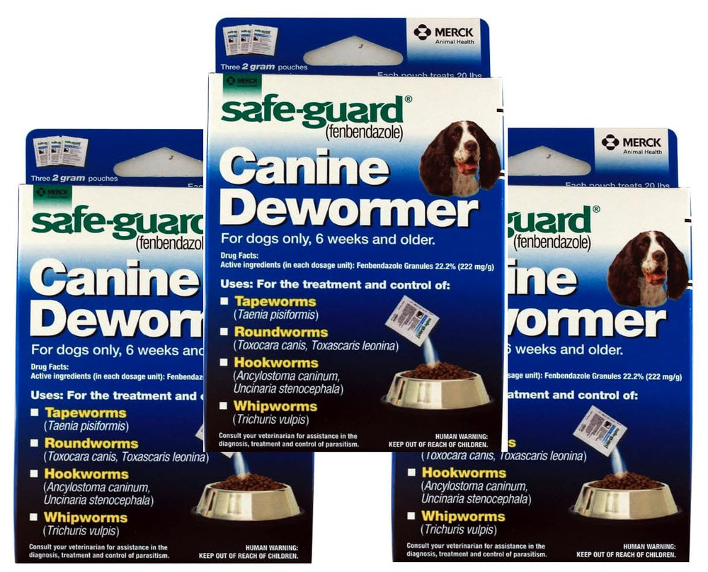 SAFE-GUARD canine dewormer packaging with nine easy-to-feed granule pouches