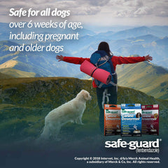 Safe-Guard dewormer shown being mixed with dog food for easy administration.