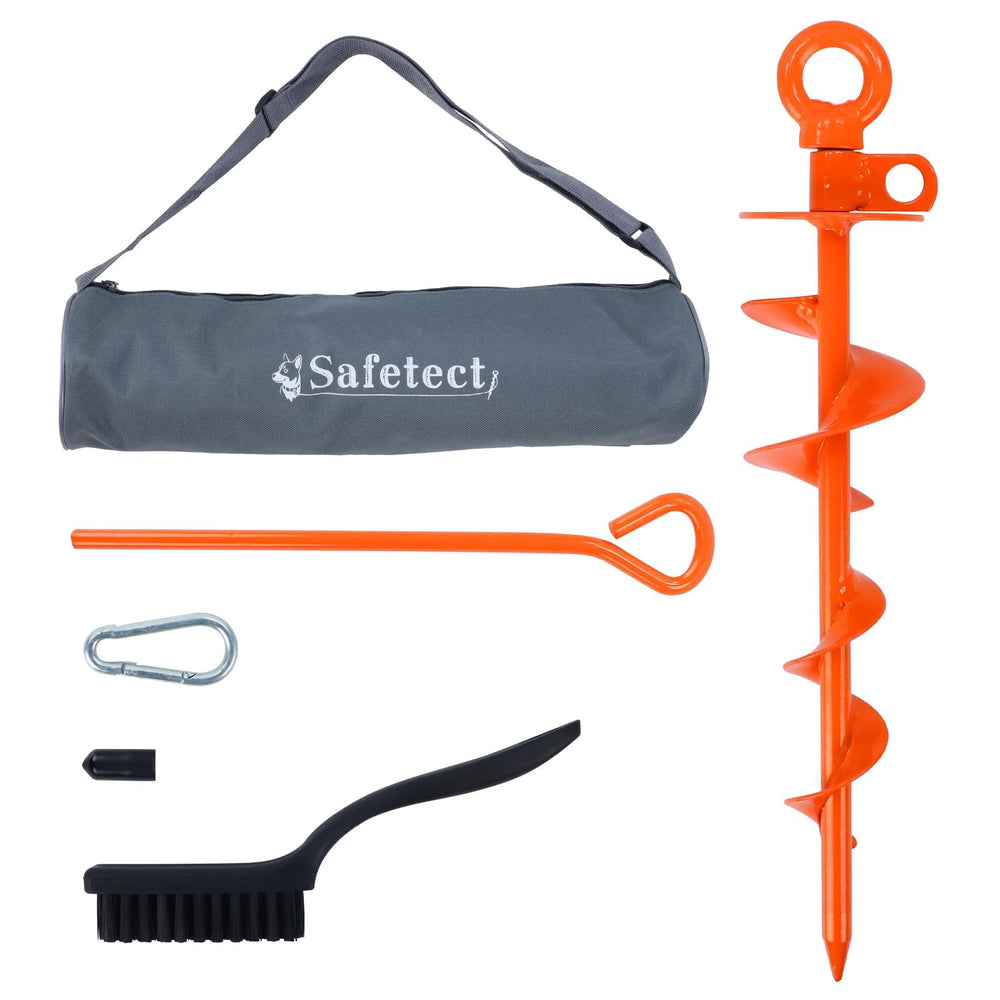 Safetect 15-inch dog tie out stake secures large dogs in ground for outdoor safety.