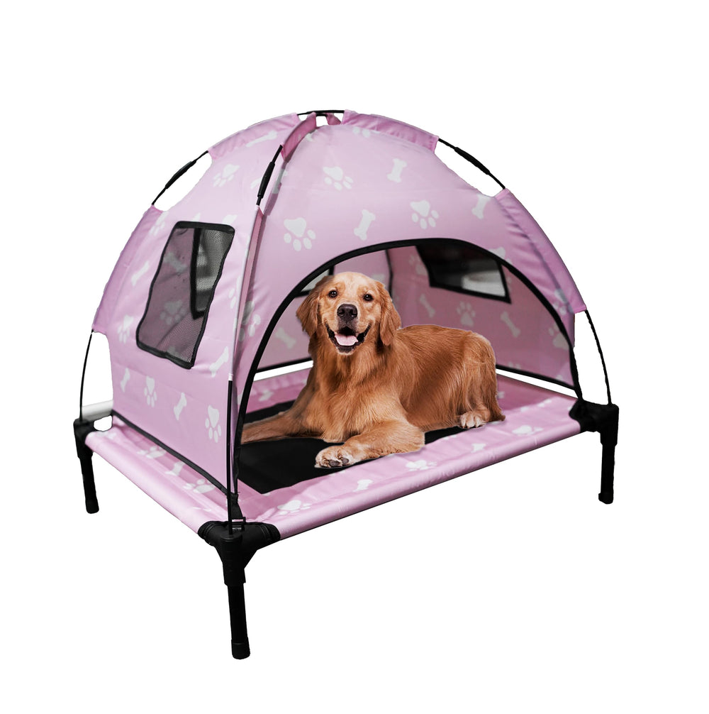 Saijax elevated dog bed with canopy setup for outdoor use