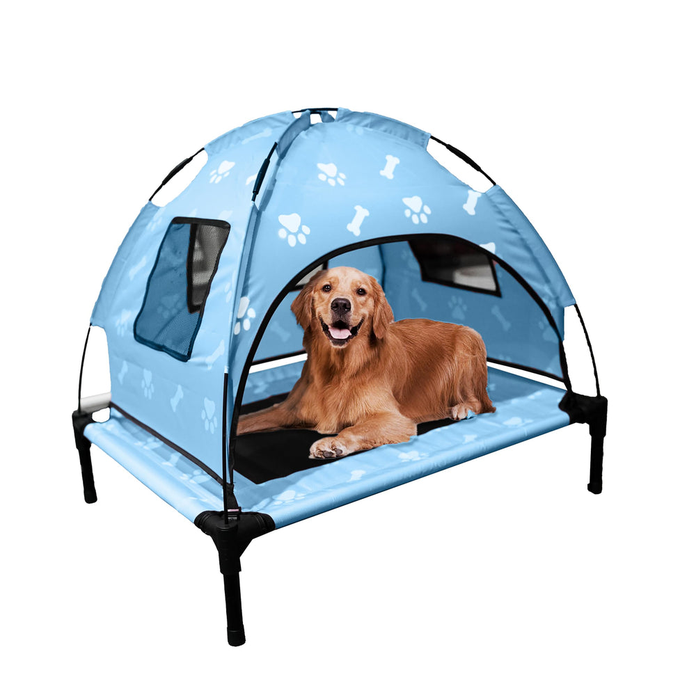 Saijax elevated dog bed setup with canopy for outdoor shade and cooling.