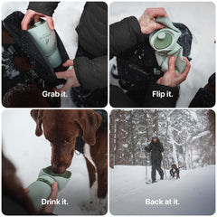 SÄKER dog water bottle wide neck accommodates ice cubes for quick cooling.