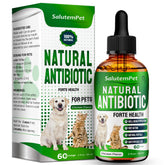 SalutemPet Antibiotics Forte Health bottle on counter for broad pet support