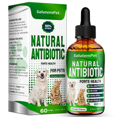 SalutemPet Antibiotics Forte Health bottle on counter for broad pet support