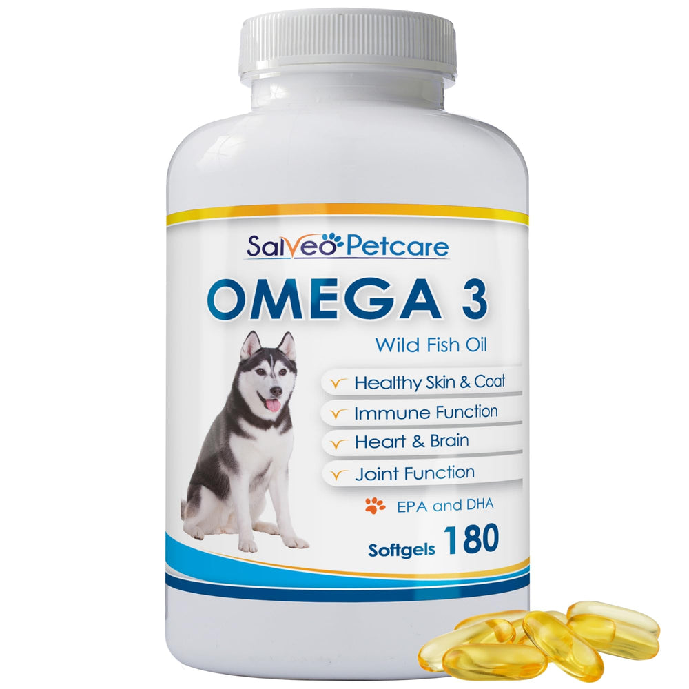 Salveo Petcare Omega-3 Dogs bottle showcases a pure supplement for a glossy coat.