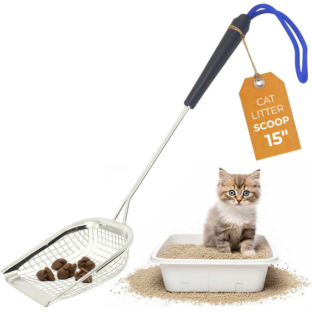 Sand Dipper 15-inch litter scoop with long handle for easy reach.