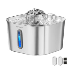 SARPAWS cat water fountain in stainless steel for durable, clean hydration.