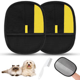 SAWMONG pet hair removal glove pair used on fabric upholstery for quick cleanups.
