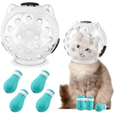 Saycker cat muzzle transparent hood enabling clear vision during grooming.