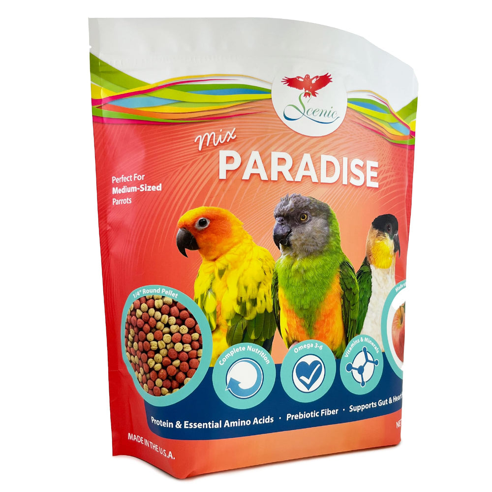 Scenic Mix Paradise medium parrot bag close-up showing complete nutrition for parrots.