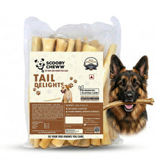 Scooby Cheww Beef Tails close-up highlights durable chews for aggressive chewers.