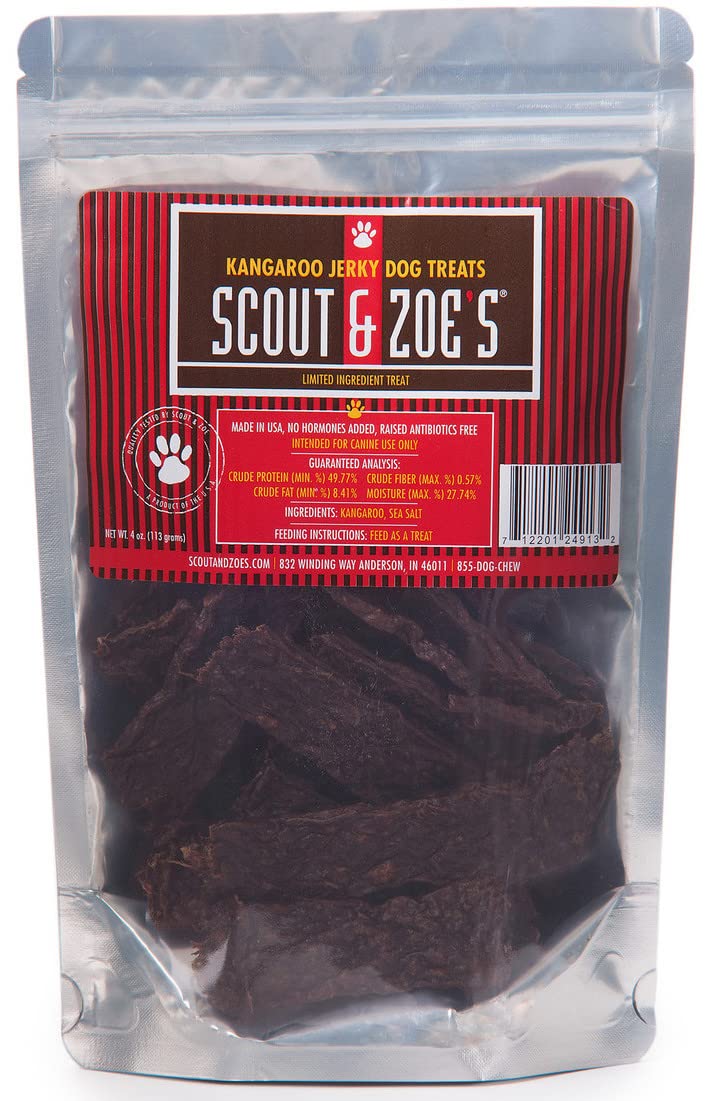 Scout & Zoe's kangaroo treats package front featuring a simple, protein-forward recipe.