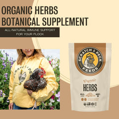 Scratch and Peck herbs bag featuring calendula to enhance egg yolk color.