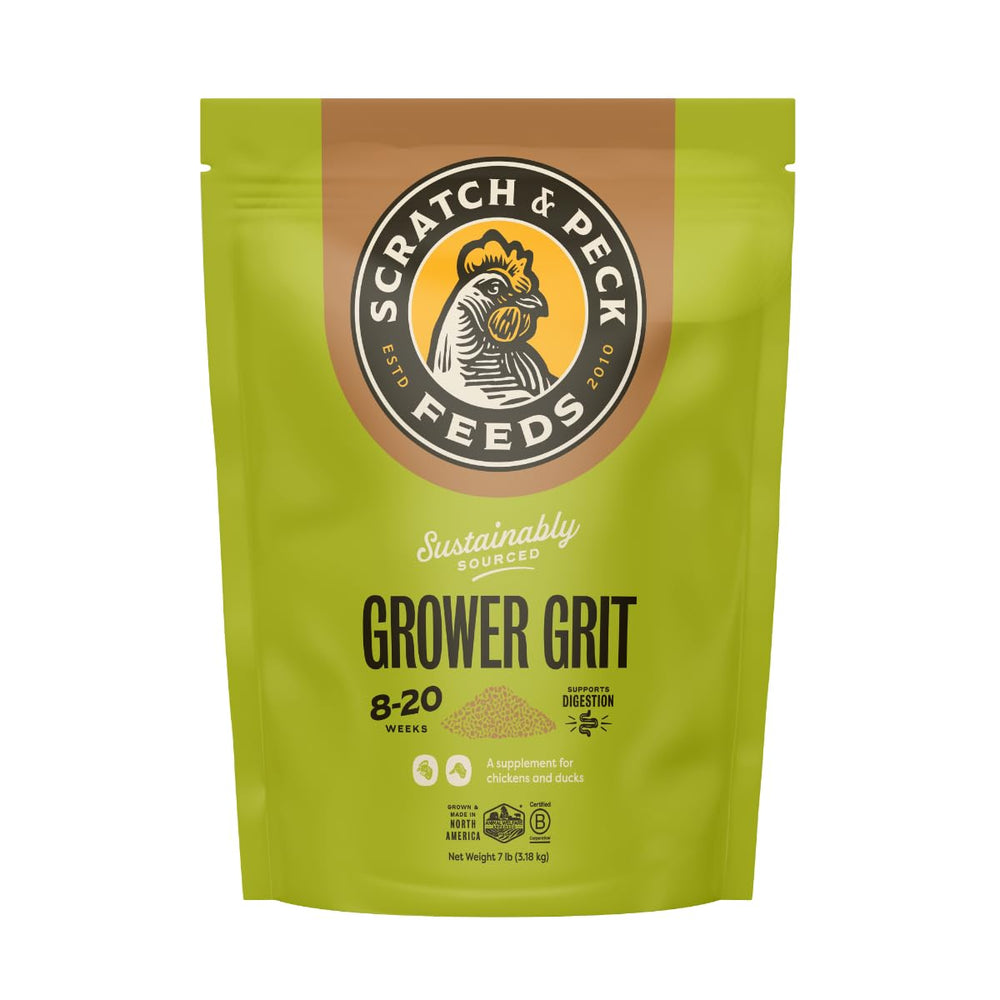 Scratch and Peck Grower Grit bag front supports digestion in young chickens.