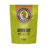 Scratch and Peck Grower Grit bag front supports digestion in young chickens.