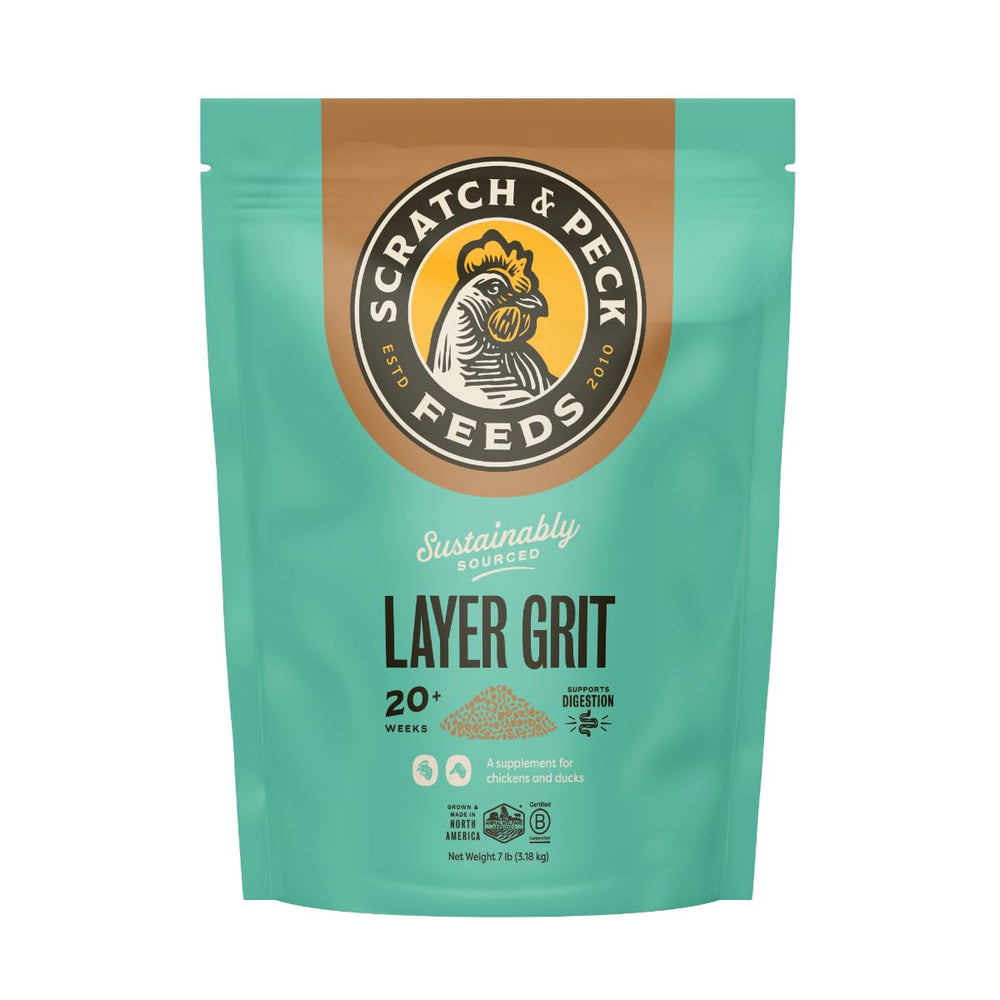 Scratch and Peck Layer Grit bag front showing sustainable packaging for poultry digestion