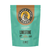 Scratch and Peck Limestone supplement bag highlighting premium calcium for shell strength