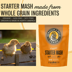 Scratch and Peck Starter Mash packaging shows allergen-free, organic ingredients.