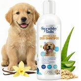 Scrubby Tails Organic Dog Shampoo bottle close-up, gentle oatmeal for sensitive skin