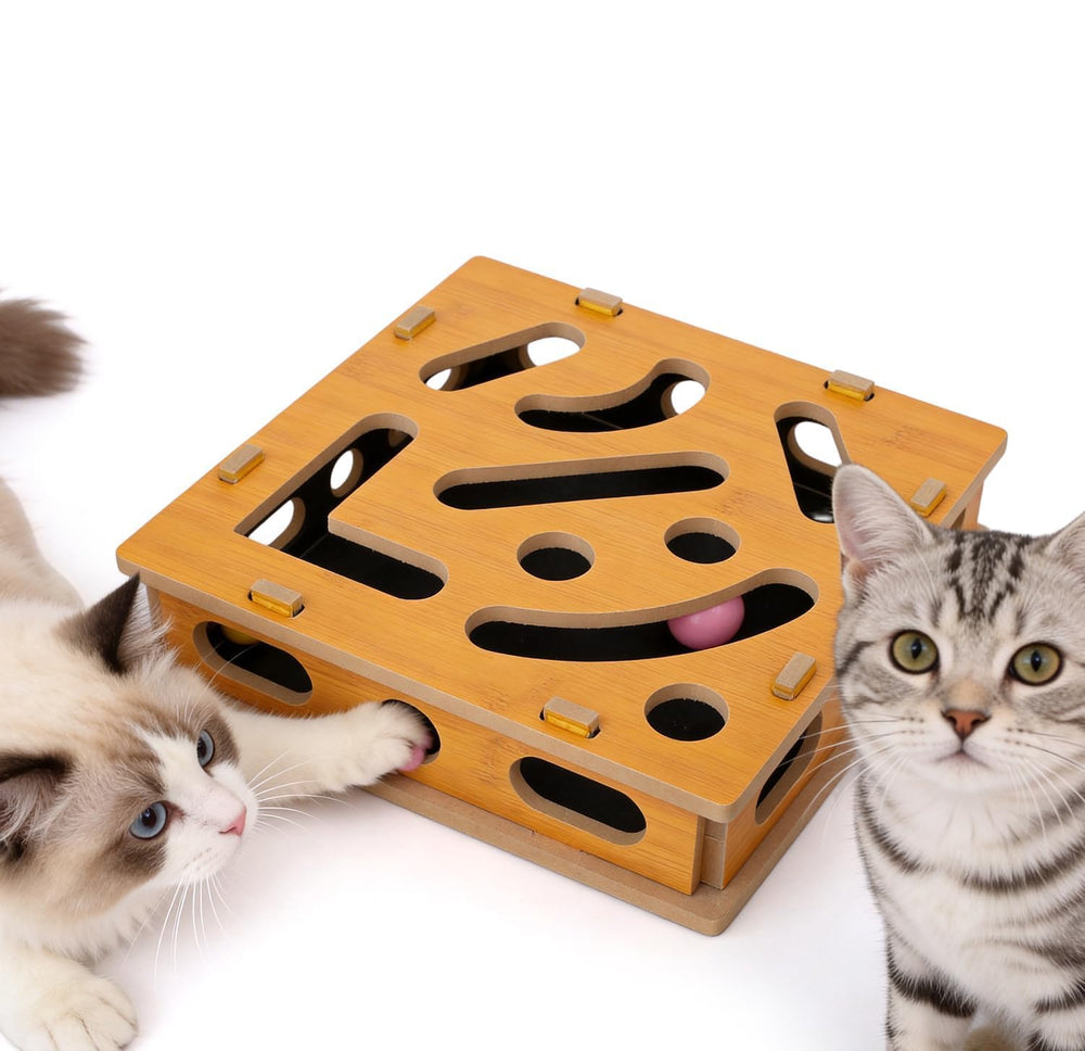 SDALU MDF cat nail file enrichment box shown for gentle claw care during play.