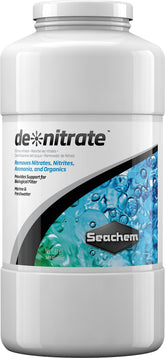 Seachem Denitrate 1L package showing porous filtration media for nitrate control in aquariums.