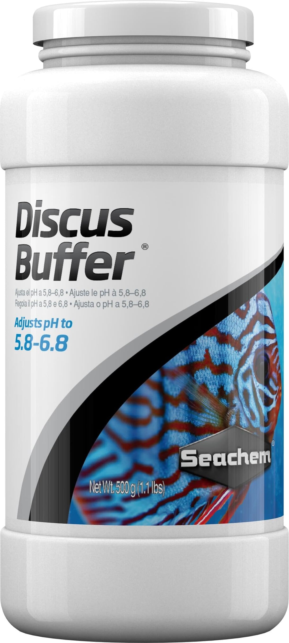 Seachem Discus Buffer bottle demonstrating pH adjustment for Discus tanks.