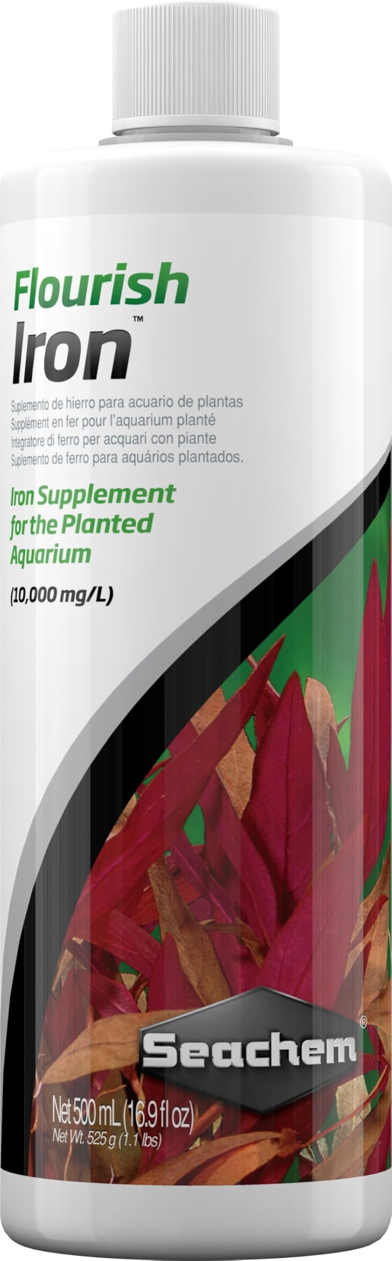 Seachem Flourish Iron bottle close-up showing concentrated iron for healthy plant growth.