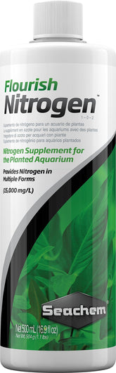 Seachem Flourish Nitrogen bottle label close-up for plant nutrition in aquariums.