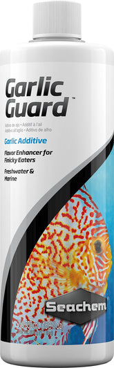 Seachem Garlic Guard bottle for easy mixing with food to attract picky eaters.