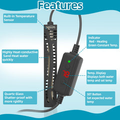 Compact SEAOURA heater fits small tanks using reliable suction cups.