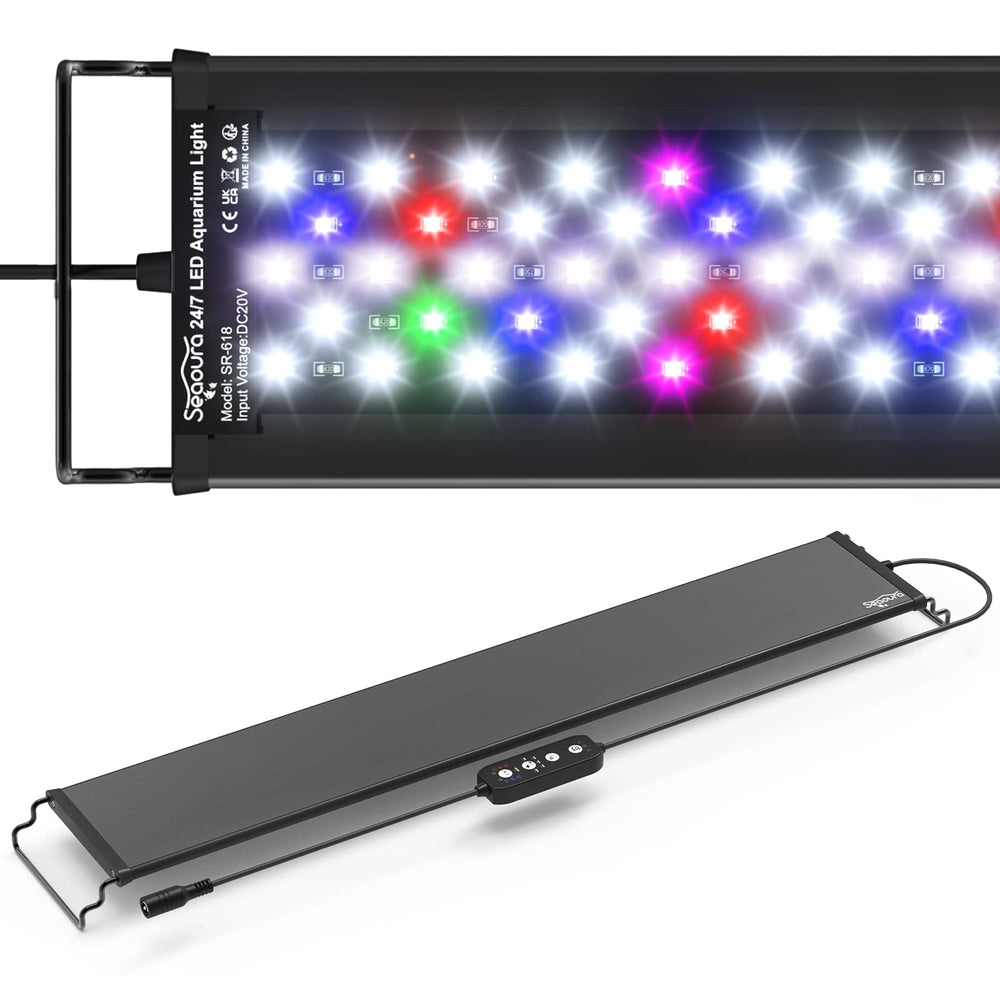 Seaoura LED aquarium light with extendable bracket enables easy setup on 24-30 inch tanks.