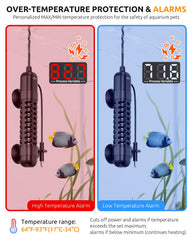 Seaoura small aquarium heater with digital display demonstrates real-time temperature control.